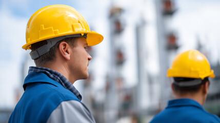 Refinery construction workers assembling distillation towers and processing units safety equipment and fire protection systems managing petrochemical facility construction project
