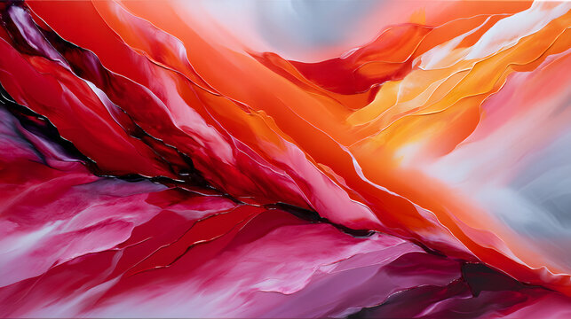 A vibrant abstract acrylic painting with bold and smoth color transitions, fro fiery red to soft pink, eoking warmth and movement.