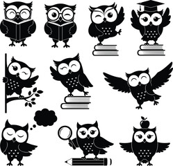 Cute Owl Silhouettes with Books, Graduation Cap, Pencil, Magnifying Glass, and Thought Bubble – Educational and Reading Clipart Set
