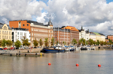 View of central Helsinki capital of Finland with marina full of boats and yachts