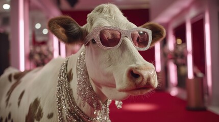 A stylish cow adorned with colorful sunglasses and shiny jewelry stands on a red carpet at a glamorous event, showcasing an unexpected fashion statement and unique presence.