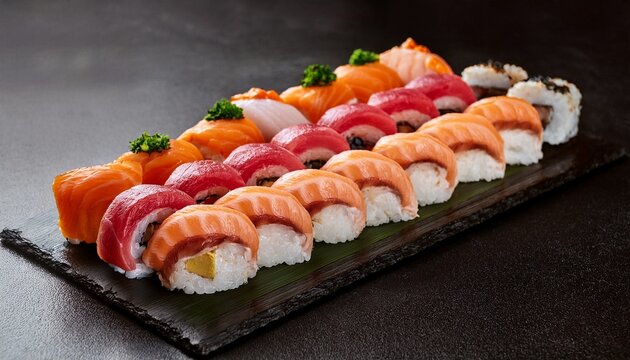 large sushi platter with salmon and tuna on a table