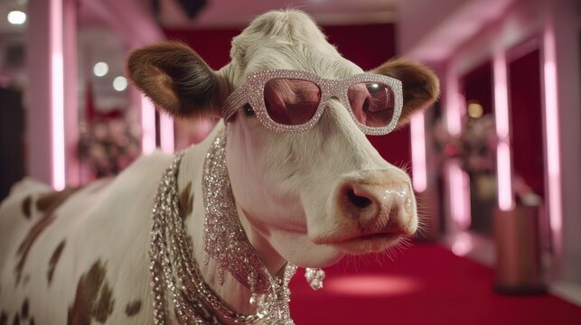 A stylish cow adorned with colorful sunglasses and shiny jewelry stands on a red carpet at a glamorous event, showcasing an unexpected fashion statement and unique presence.
