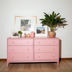 A cozy living room displays a stylish pink dresser with home decor, accompanied