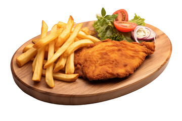 Milanesa with Chips on Wooden Plate - Transparent Background