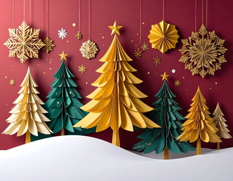 A high-quality, visually vivid image of Christmas trees, where the branches are made of finely spun green and gold material, giving them a delicate and intricate texture. - Powered by Adobe