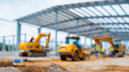 Warehouse construction team installing steel framework and roofing systems with heavy equipment logistics infrastructure development supporting supply chain and distribution