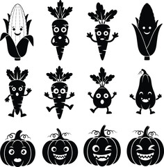 Happy cartoon vegetables and pumpkins in silhouette style – corn, carrots, eggplant, and jack-o'-lanterns with funny expressions.