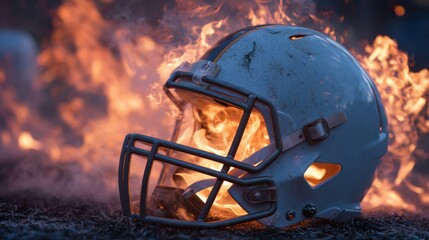 A football helmet rests on the ground as flames rise dramatically around it, creating an atmosphere of intensity. The burning helmet symbolizes fierce competition and dedication during practice.