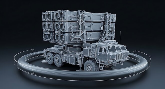 Military missile launcher truck 3D model holographic display.