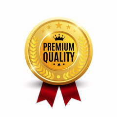 Premium golden badge sign quality seal on white background
