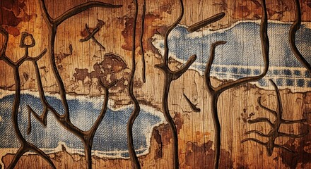 Obraz premium Echoes of Antiquity: Primitive Glyphs on a Rustic Wood and Denim Textured Surface