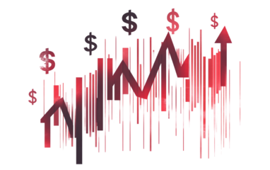Economic graph illustration showing falling prices with downward arrows and money symbol isolated on transparent background PNG
