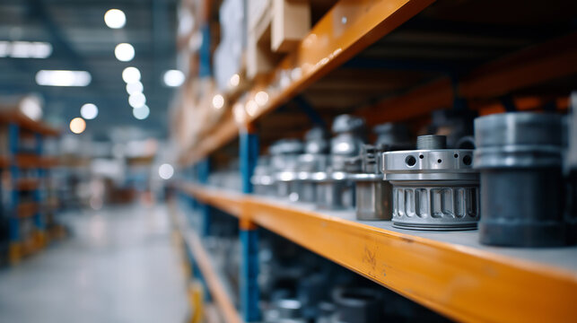 Automotive parts warehouse with organized steel shelving systems containing engine components and manufacturing supplies just in time inventory management supporting vehicle