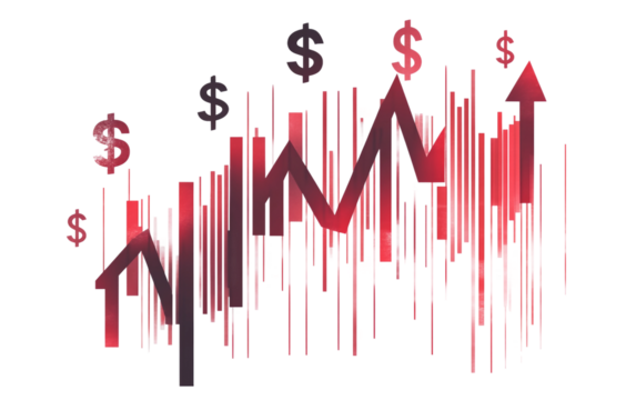 Economic graph illustration showing falling prices with downward arrows and money symbol isolated on transparent background PNG