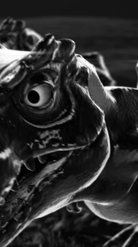 Futuristic Seamless vertical video animation of metal running dinosaurs. Chrome metal background of a Tyrannosaurus Rex with light flares.