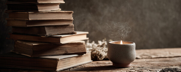 A glowing candle in a rustic ceramic holder rests on a wooden table surrounded by stacked books, with faint wisps of smoke rising in a cozy, warm atmosphere