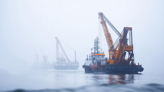 Marine salvage operation with heavy lift cranes recovering sunken vessel components specialized diving support vessels and underwater cutting equipment working in challenging