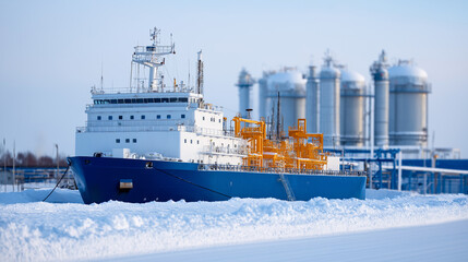 LNG tanker loading facility with cryogenic transfer arms and safety systems massive storage spheres and vapor management equipment handling liquefied natural gas in arctic