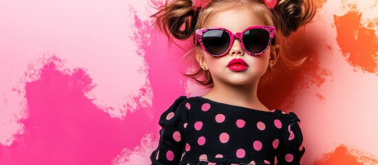 A stylish toddler girl with pigtails, wearing pink sunglasses and a black polka dot dress, lies against a pink and orange abstract background