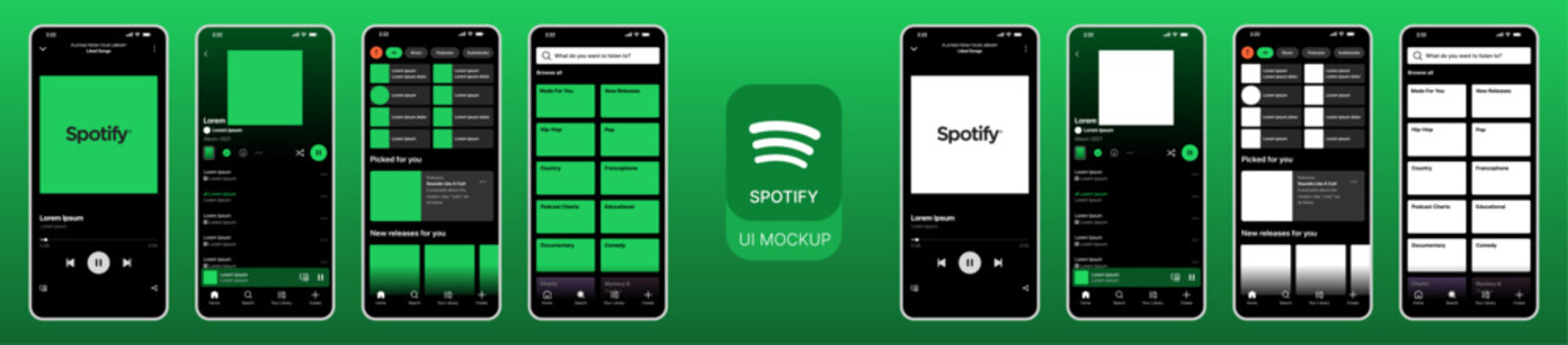 Spotify Music Streaming App UI Mockup &ndash; Spotify Playlist & Player Interface Design Spotify cover songs, podcast streaming, album art, and playback controls UI template