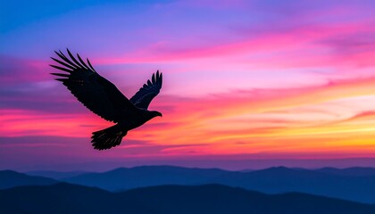A majestic eagle soars through a vibrant sunset sky over a mountain range, showcasing a stunning display of color.