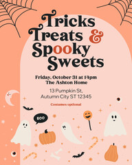 Hand drawn birthday invitation template. Halloween illustration in flat doodle style. Cute colorful composition for kids. Concept for banner, poster or card. Party flyer in cartoon stylisation