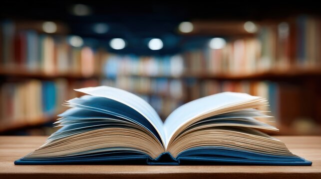 An open book lays on a wooden table, its pages gently fanned out, while blurred shelves of other books create a warm and inviting atmosphere in the library.