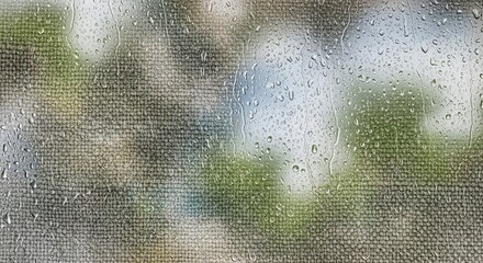 Raindrops on Textured Window Screen: Blurred Greenery and Soft Light