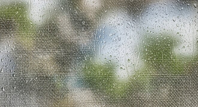 Raindrops on Textured Window Screen: Blurred Greenery and Soft Light