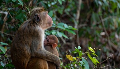 Obraz premium Monkey mother and baby in jungle