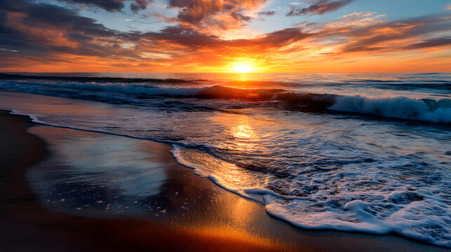 A vibrant sunset casting glden reflections on the ocan waves, with a sandy beah in the foreground.