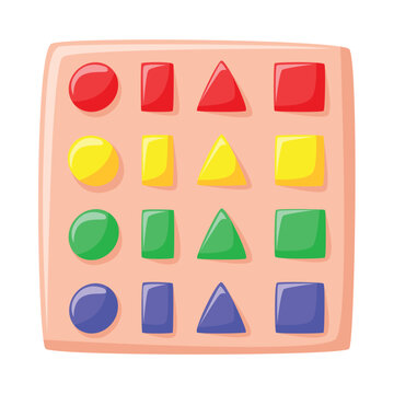 Montessori toy with colorful geometric shapes, educational board for kids, flat design.