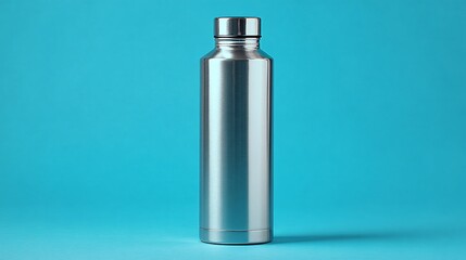 Sleek stainless steel reusable water bottle on a blue backdrop, promoting hydration and sustainability, zero waste lifestyle, modern design.