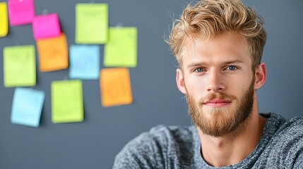 Young Caucasian man with curly blonde hair and a beard, smiling confidently against a backdrop of colorful sticky notes.