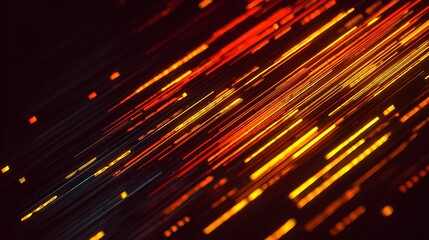 Dynamic streaks of orange and yellow light on dark background. Futuristic abstract design with glowing lines in motion. Digital speed and energy background