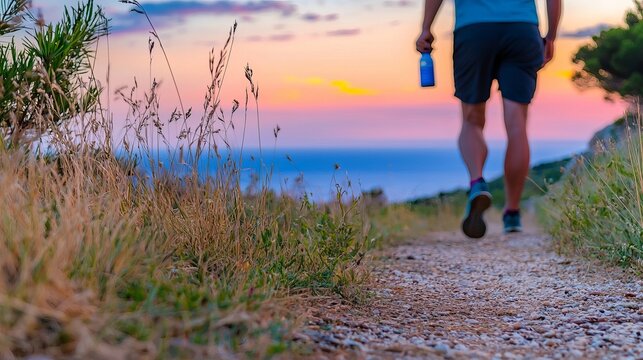 A fit male walking along a scenic trail at sunset, holding a water bottle, enjoying the serene coastal view. - Powered by Adobe