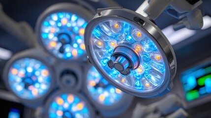 Fototapeta premium Overhead surgical lights illuminate the operating room, ensuring optimal visibility for medical procedures with advanced LED technology and adjustable settings.