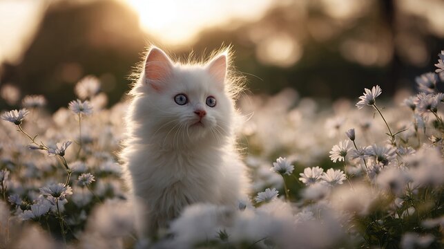 A fluffy white kitten with striking blue eyes sits amidst a field of white flowers, bathed in soft, golden sunlight, showcasing its innocent charm.