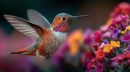 Fototapeta premium Hummingbird flying over colorful flower cluster