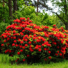 Lush red rhododendron bush in a park setting