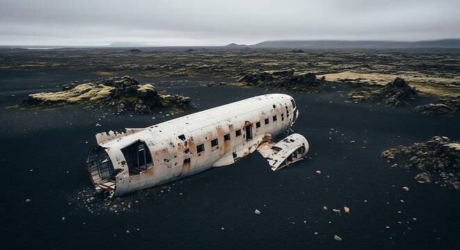 Iconic DC-3 Plane Wreckage on Icelands Black Sand Beach.