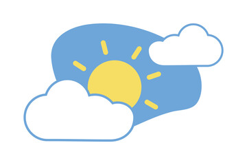 Sun peeking out from fluffy Clouds. Part curve Shape. Cloudy Sky on blue background. Weather. Image for forecast app, Climate infographic. Isolate. Flat simple minimalistic design. Vector illustration