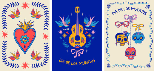 Dia de los muertos, Day of the dead, Mexican holiday, festival. Vertical cards, posters, banners in modern hand drawn style, with skulls, birds, hearts, guitar and flowers