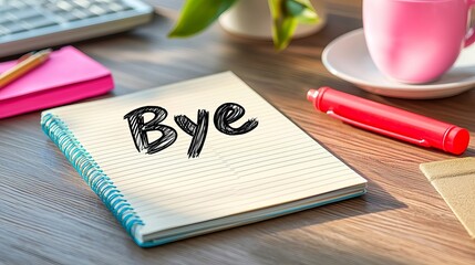 A cheerful workspace with a notebook marked 'Bye', pink mug, and stationery, capturing a lighthearted farewell.