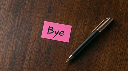 A black pen resting next to a pink sticky note with the word 'Bye' written on it, symbolizing farewell.