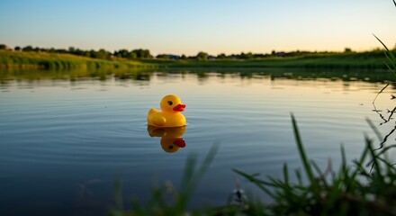 Rubber ducky adrift a serene pond reflecting the tranquil sky at dusk a playful symbol