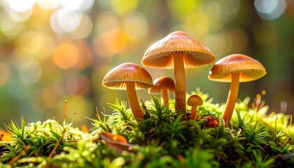 Close-up of mushrooms in a forest bed of moss