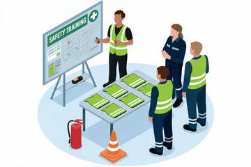 Professional team attending safety training session with presentation and materials on a table transparent background