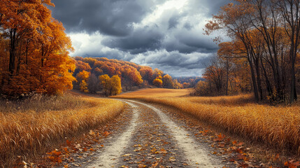 Scenic autumn dirt road winding through vibrant orange and golden forests, flanked by tall dried grass, all set beneath dramatic, stormy gray sky.